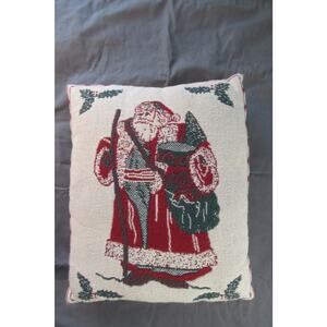 Vintage Santa Christmas Tree Woven Throw Pillow Saint Nick Red Green